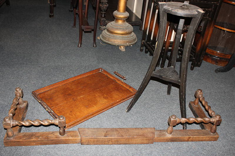 A light oak tea tray, an ebonised jardiniere stand, and adjustable wooden fire fender