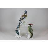 Three Karl Ens large porcelain figures of birds to include a kingfisher, a jay and a woodpecker,
