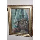 English school (20th century), still life, copper pot and fruit, indistinctly signed, 24cm by 34cm