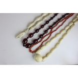 An ivory bead necklace, a bone bead necklace, a coral bead necklace, an amber bead necklace, 50.5g