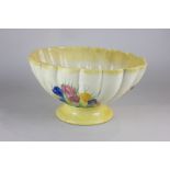 A Clarice Cliff sun gleam pattern scalloped bowl on stand, hand painted with tulips, mark to base,