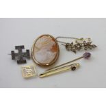 An Edwardian gold, diamond and split pearl bar brooch; an amethyst stick pin; a 9ct gold and gem set