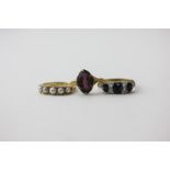 A sapphire ring; a five bead pearl ring and an amethyst dress ring