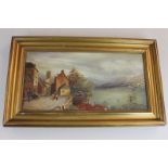 R H Baker 20th century, lakeside scene, Dartmouth ferry, oil on canvas, dated 22/2/13, 30cm by 15cm