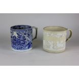 A large 19th century blue and white transfer printed earthenware mug depicting a country scene, 13cm