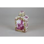 An 18th century Continental porcelain tea caddy decorated with a hand painted design in pink of