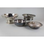 A silver plated fruit bowl with vine leaf border, a silver plated muffin dish, a wine coaster and