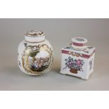 A Naples porcelain tea caddy decorated with scenes of women and children, together with a