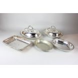 Two silver plated oval entree dishes together with three entree dish bases