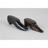 Two Victorian snuff boxes modelled as shoes, one ebonised with 'silver' wire pique, other with