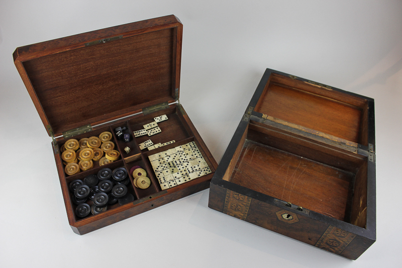 A brass inlaid burr walnut box containing draughts, dice and dominoes, together with an inlaid - Image 2 of 2