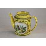 A Continental porcelain teapot decorated with hand painted depictions of birds on yellow ground with