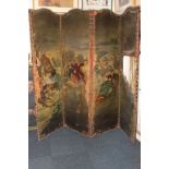 A four-panel painted leather room screen with arched top decorated with ladies and gentlemen in