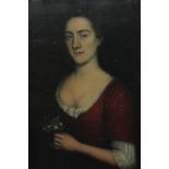 Circle of Nicolas de Largilliere portrait of a lady, half length, wearing a red bodice and holding a