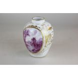 An 18th century Hochst porcelain jar decorated in the style of Meissen, depicting figures by a