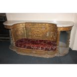 A gilt console table with recess crescent centre flanked by mirror panelled sides and white marble