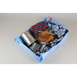 A box of Sir Patrick Moore memorabilia, to include a Hawaiian shirt, pewter mug, purse, pipe, tie,