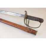 A George V Army Service Corp officer's sword with 85cm etched straight blade in leather scabbard, (