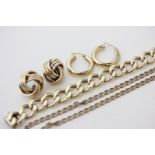 A gold curb link bracelet; two pairs of gold earrings and a pierced oval link 9ct neckchain, 41.6g