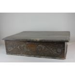 A 17th century oak lace box with hinged top and carved sides, dated 1661 (wormed) 64cm (NC)