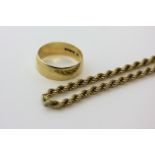 An 18ct gold ropetwist necklace with bolt ring clasp, 20.7g; and an 18ct gold wedding ring, 6.1g