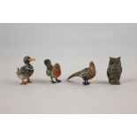 Four Austrian cold painted bronze figures of birds including a pheasant, an owl, a duck and a robin