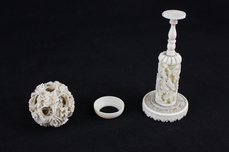 A 19th century Chinese ivory puzzle ball on stand, the ball carved with floral decoration (a/f), the - Image 2 of 3