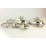 Two similar silver plated entree dishes with liners and covers, together with two pairs of silver