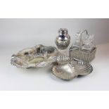 A silver plated basket weave effect cruet with four glass bottles, a silver plated fruit bowl, a