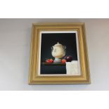 Ian Mastin (B.1949), contemporary still life, ceramic urn and strawberries, oil on board signed,