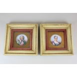 A pair of 19th century portraits of ladies painted on porcelain plaques in gilt frames, 23.5cm