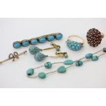 A turquoise cluster ring; a turquoise bar brooch; turquoise drop earrings; turquoise and pearl bar