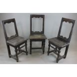 Three late 17th century oak children's  chairs with open backs and wooden seats on turned legs (NC)
