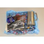 A box of Sir Patrick Moore memorabilia, to include a Hawaiian shirt, pewter mug, purse, pipe, tie,