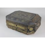 A Victorian papier mache work box with gilt embellishment, containing a variety of ivory and bone