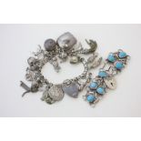 A silver charm bracelet; and another with turquoise beads