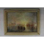 After Turner, late 19th, early 20th century, Approach into Venice, oil on canvas, 58cm by 89cm