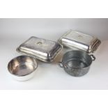 A pair of silver plated rectangular entree dishes (missing handles), together with a circular dish