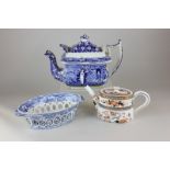 A Victorian Hong Kong pattern teapot, a Victorian blue and white teapot and a blue and white