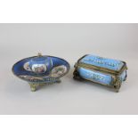 A Continental porcelain inkwell with hand painted floral panels surrounded by bright blue ground and