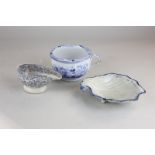 A 19th century pearl ware pickle dish, a pap boat and a miniature pot, all three with blue