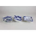 Three 19th century blue and white pickle dishes, all in the shape of leaves