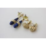 A pair of 18ct gold drop earrings hung with a matted heart, and a pair of 9ct gold and lapis