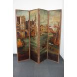 A leather  four-fold draft screen painted with The Old London Bridge and The Royal Barge (a/f