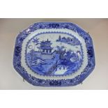 A 20th century Chinese blue and white large serving platter depicting a lakeside scene, 46cm wide