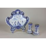A pair of 18th century Delftware vases, 11cm high, signature to base, together with a Delftware wall
