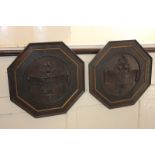 Two French carved wood roundels, famille G de Preux, and M'lle Marie Plinchan, both on a scroll