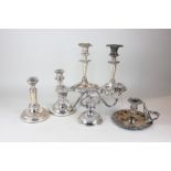 A pair of silver plated Corinthian column candlesticks, a two sconce candelabra, a 19th century