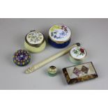 Three enamel boxes, a Scottish millefiori glass paperweight, a blond tortoiseshell and mother of