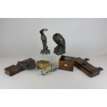 A resin figure of an owl, a mahogany money box, an ormolu trinket box, two wood working planes and